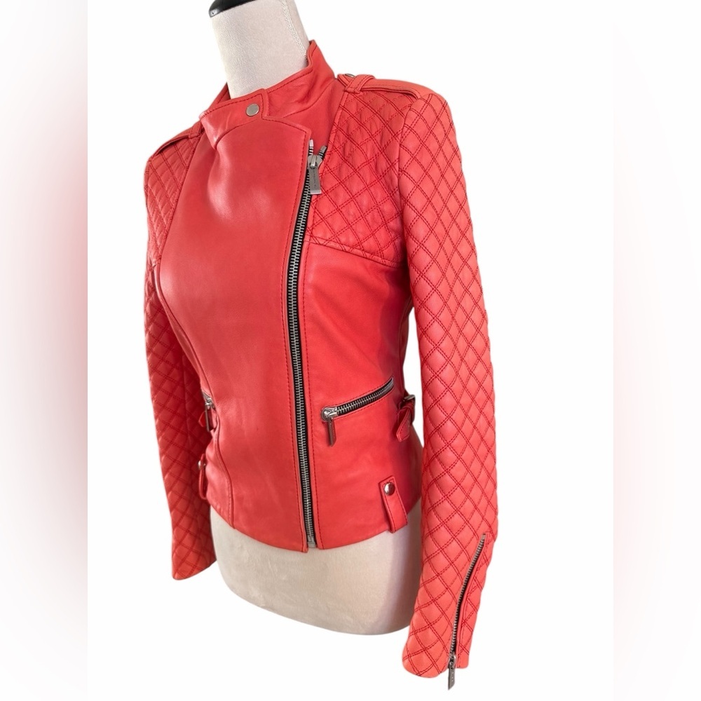 Barbara Bui RARE Coral Lambskin Leather Quilted Sleeves Moto Jacket - Picture 3 of 12